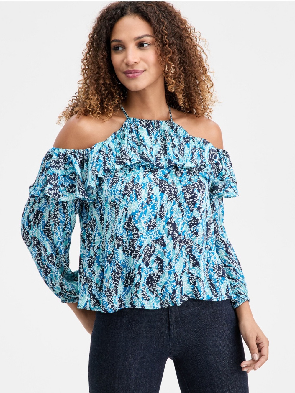INC International Concepts Blue Patterned Cold-Shoulder Blouse